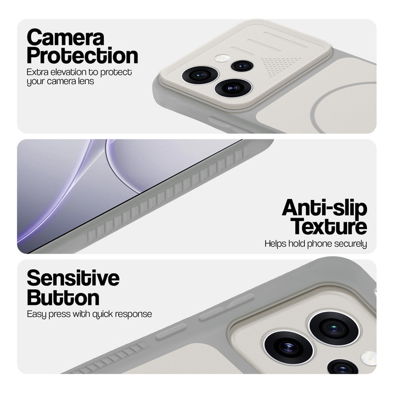 Grey-White phone case for Oppo Reno 15 Pro Mini 5G showing camera safety edges, anti slip side grip and easy press button covers.
