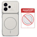 Grey-White back cover for Oppo Reno 15 Pro Mini 5G with printed ring pattern and message showing not compatible with MagSafe charging.