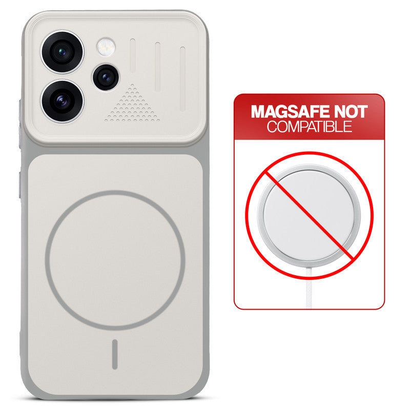 Grey-White back cover for Oppo Reno 15 Pro Mini 5G with printed ring pattern and message showing not compatible with MagSafe charging.