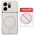 Grey-White back cover for Oppo Reno 15 Pro 5G with printed ring pattern and message showing not compatible with MagSafe charging.