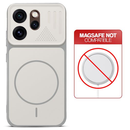 Grey-White back cover for Oppo Reno 15 Pro 5G with printed ring pattern and message showing not compatible with MagSafe charging.