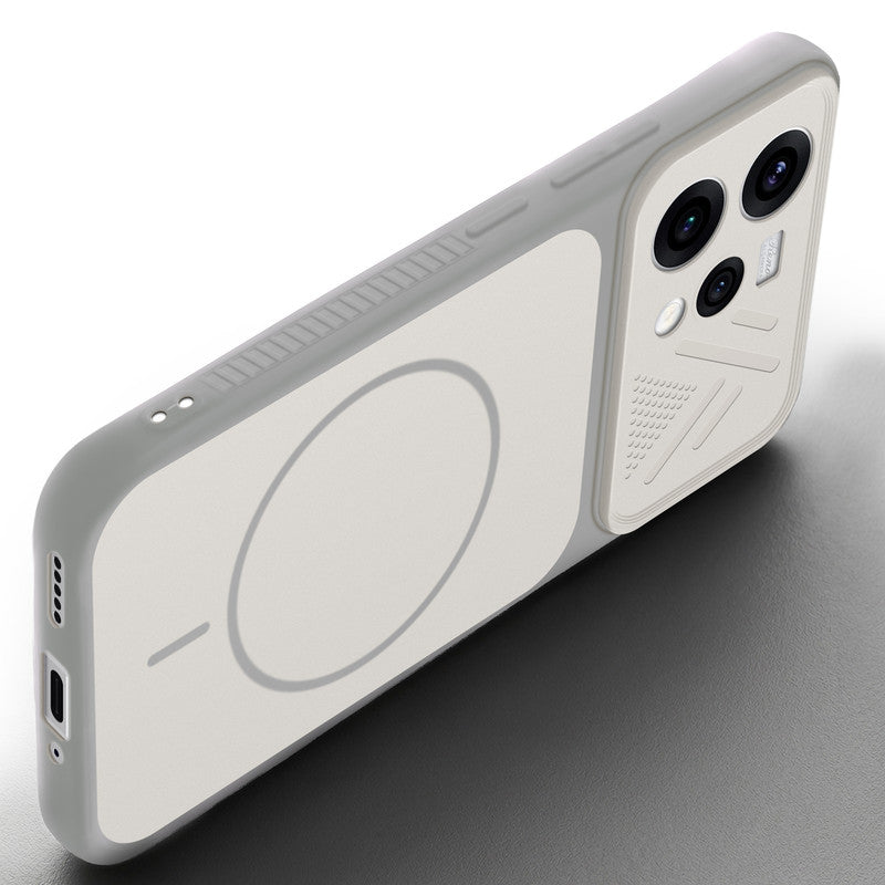 Angled view of Grey-White mobile case for Oppo Reno 15 5G with proper charging port cutout, speaker holes and strong corner protection.