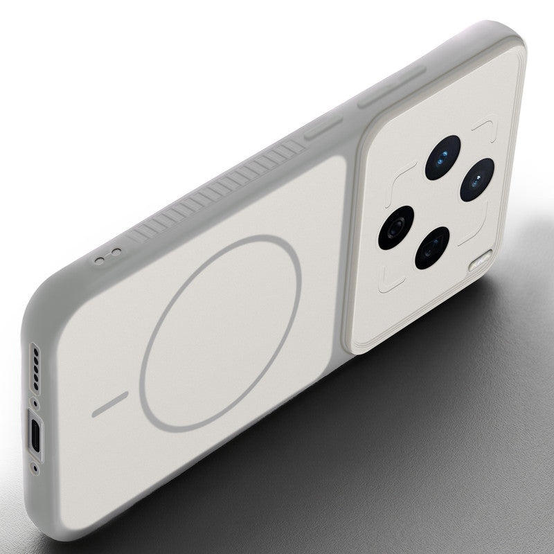 Angled view of Grey-White mobile case for Vivo X200T 5G with proper charging port cutout, speaker holes and strong corner protection.