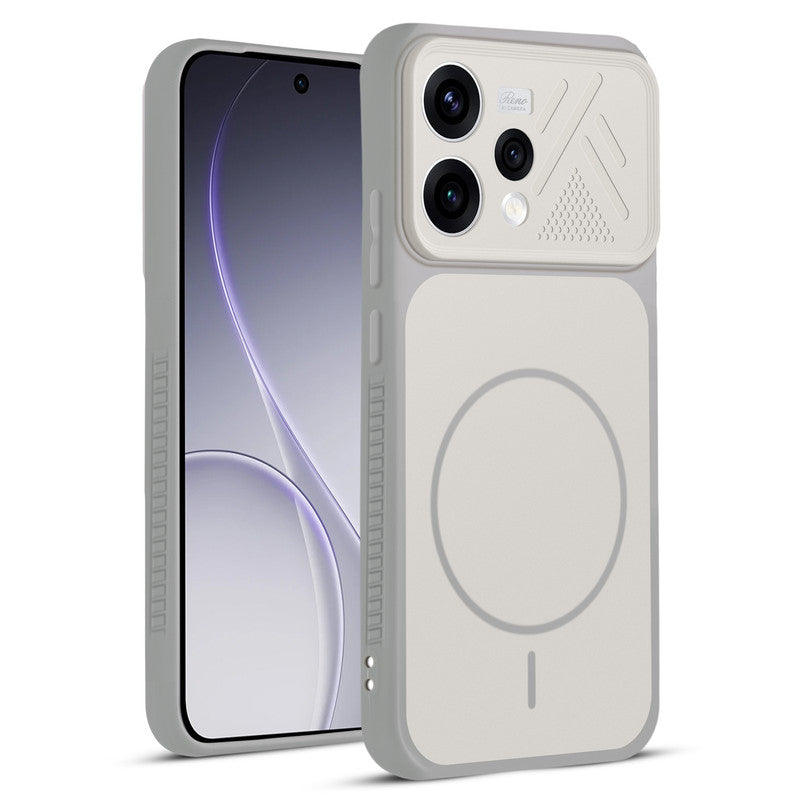 Front and back view of Grey-White protective back cover for Oppo Reno 15 5G with textured sides, camera guard and slim fit design.