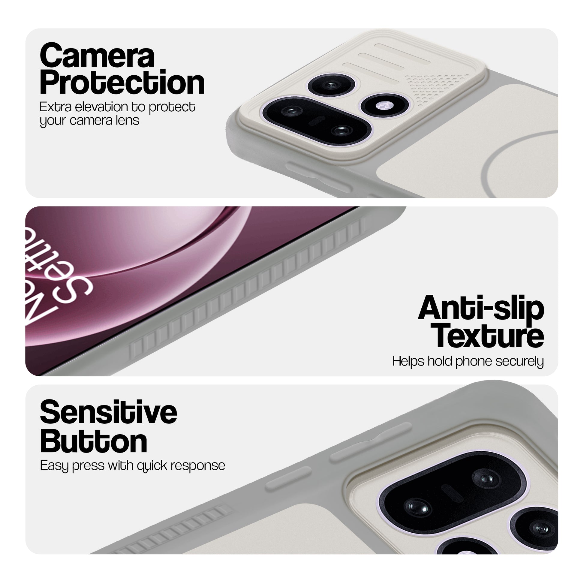 Grey-White phone case for OnePlus 15 5G showing camera safety edges, anti slip side grip and easy press button covers.