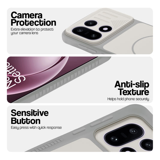 Grey-White phone case for OnePlus 15 5G showing camera safety edges, anti slip side grip and easy press button covers.