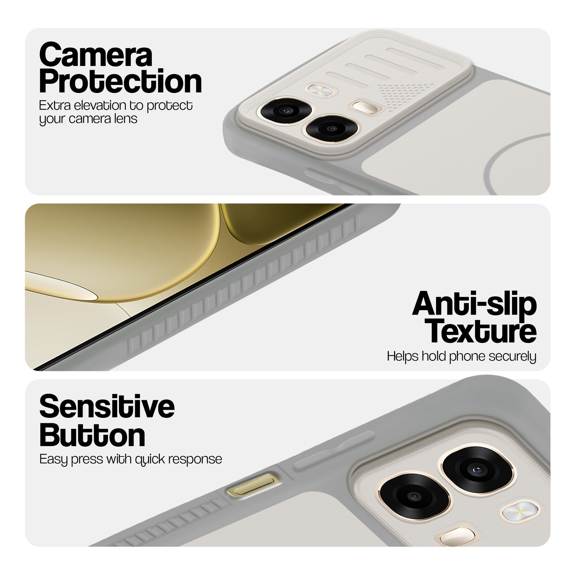 Grey-White phone case for Oppo A6 Pro 5G showing camera safety edges, anti slip side grip and easy press button covers.