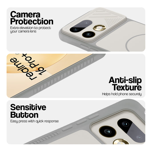 Grey-White phone case for Realme 16 Pro Plus 5G showing camera safety edges, anti slip side grip and easy press button covers.