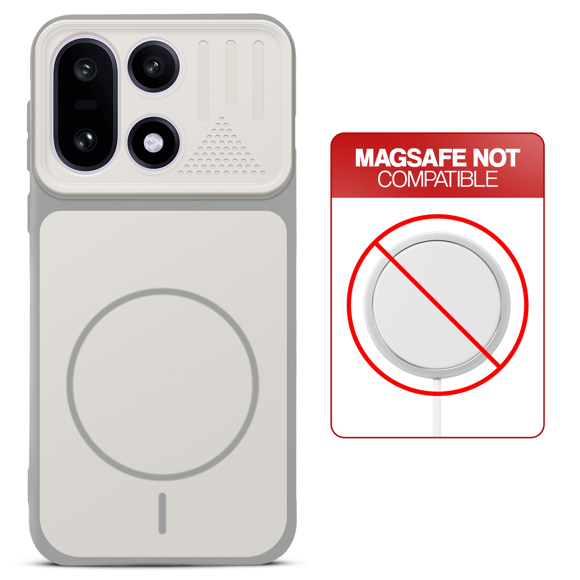 Grey-White back cover for OnePlus 15 5G with printed ring pattern and message showing not compatible with MagSafe charging.