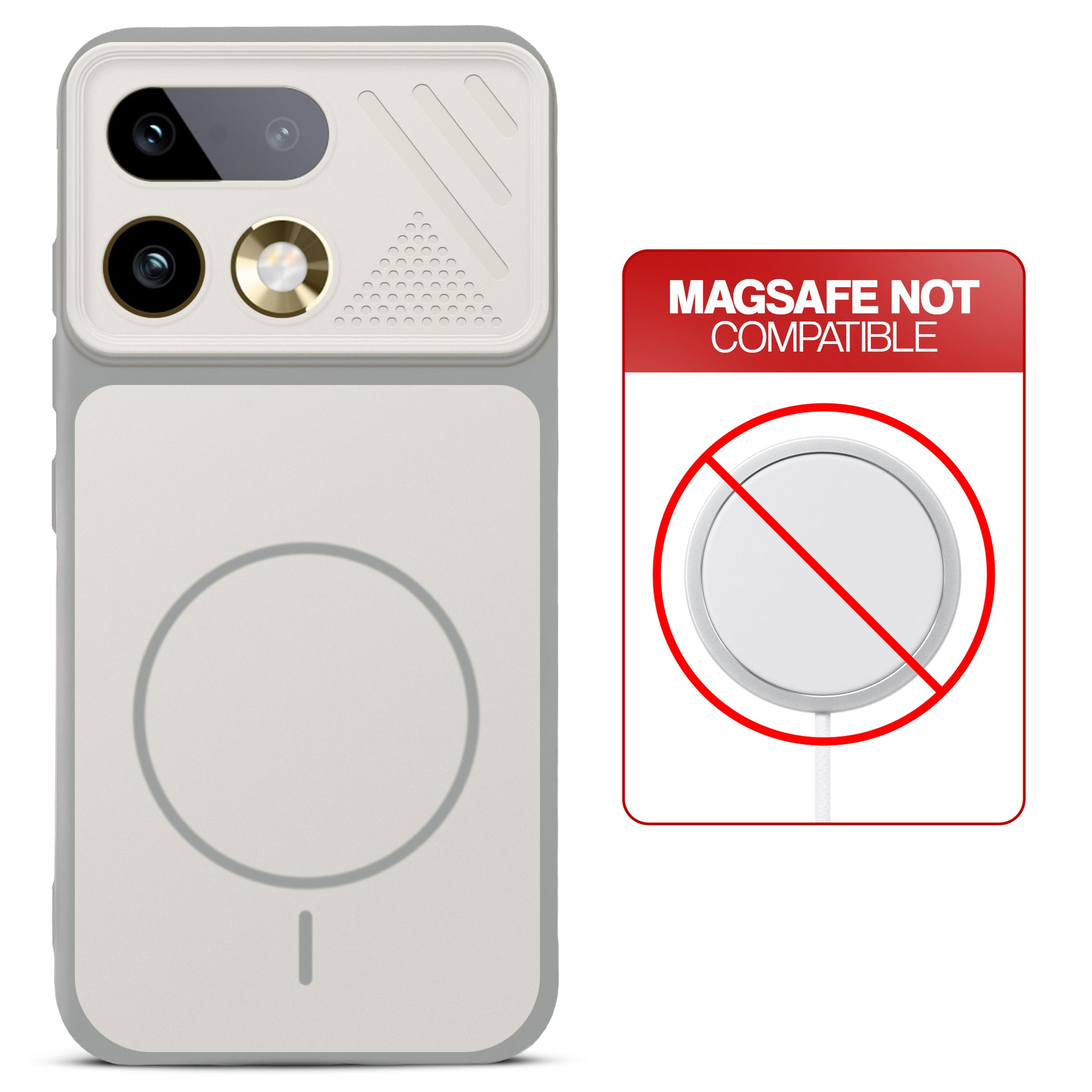 Grey-White back cover for Realme 16 Pro Plus 5G with printed ring pattern and message showing not compatible with MagSafe charging.