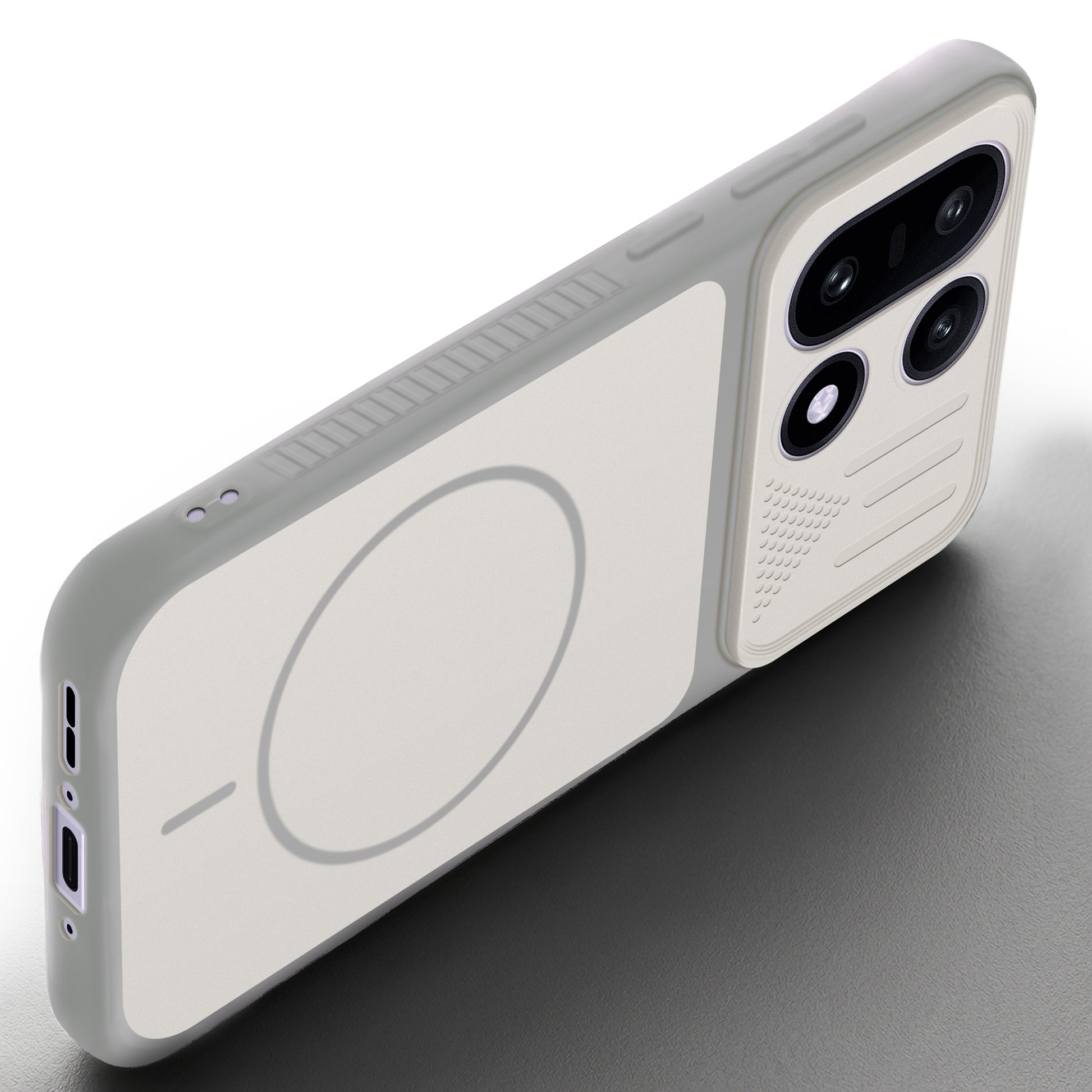 Angled view of Grey-White mobile case for OnePlus 15 5G with proper charging port cutout, speaker holes and strong corner protection.