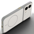 Angled view of Grey-White mobile case for Oppo A6 Pro 5G with proper charging port cutout, speaker holes and strong corner protection.