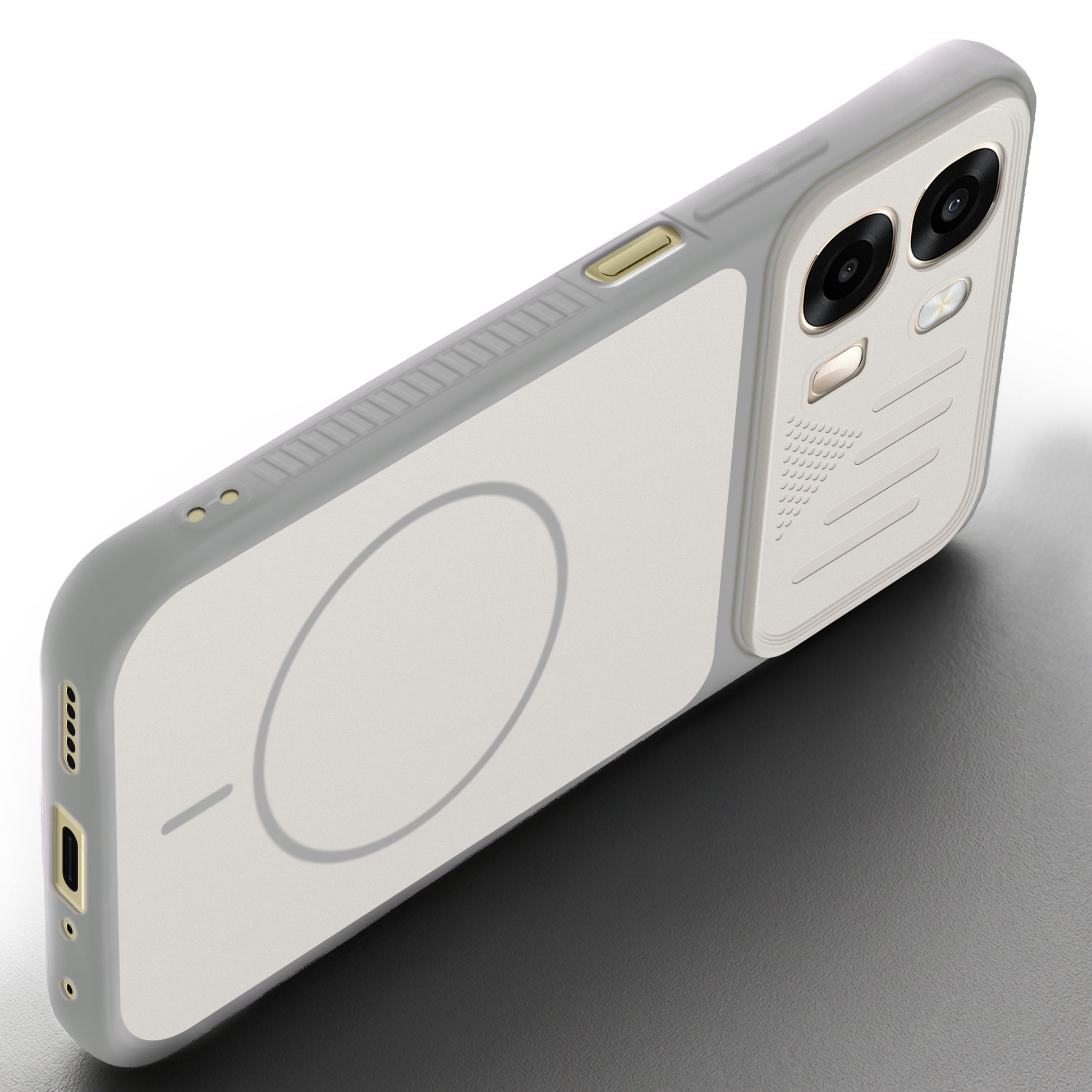 Angled view of Grey-White mobile case for Oppo A6 Pro 5G with proper charging port cutout, speaker holes and strong corner protection.