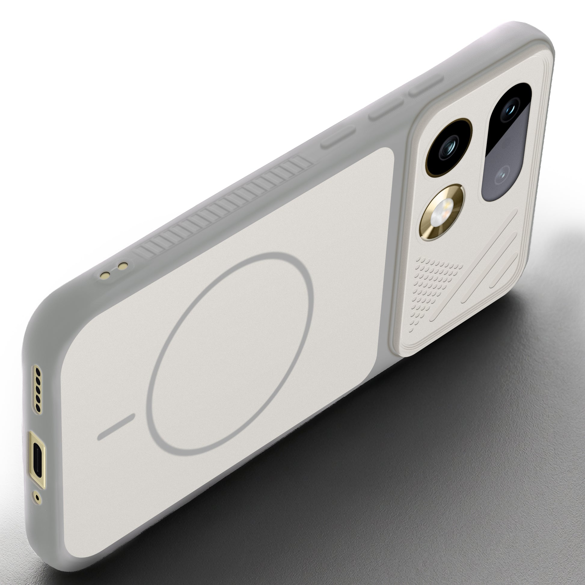 Angled view of Grey-White mobile case for Realme 16 Pro Plus 5G with proper charging port cutout, speaker holes and strong corner protection.
