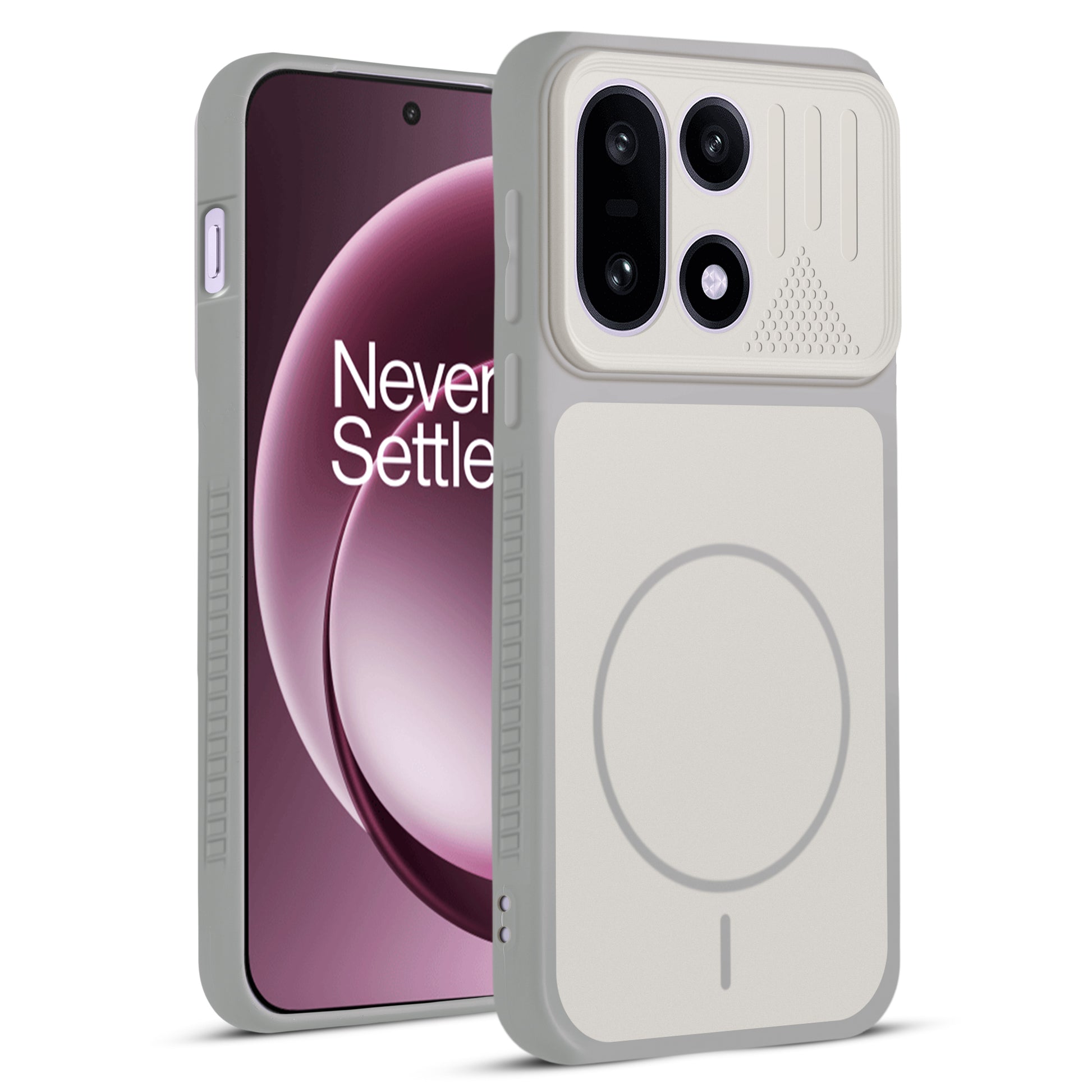 Front and back view of Grey-White protective back cover for OnePlus 15 5G with textured sides, camera guard and slim fit design.