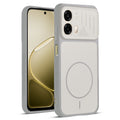 Front and back view of Grey-White protective back cover for Oppo A6 Pro 5G with textured sides, camera guard and slim fit design.