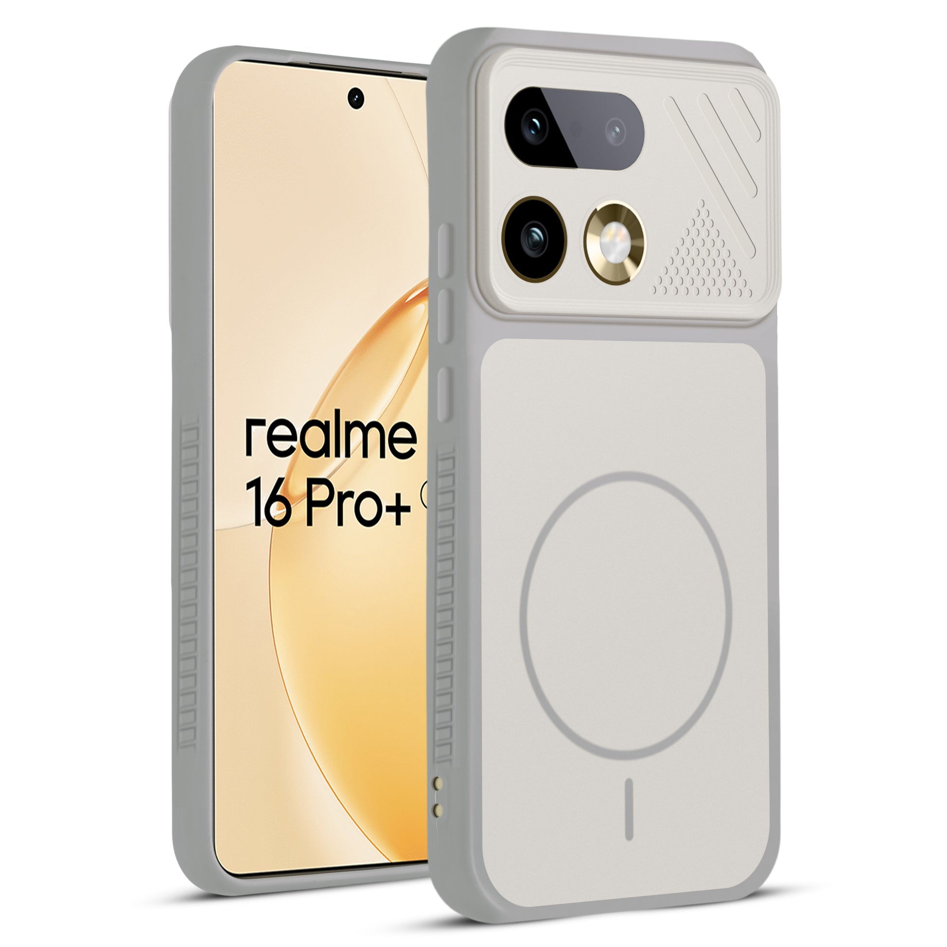 Front and back view of Grey-White protective back cover for Realme 16 Pro Plus 5G with textured sides, camera guard and slim fit design.