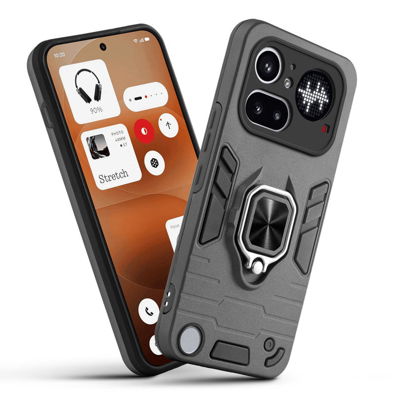 Front and back view of Nothing Phone 4A Pro 5G fitted with a protective case and ring grip