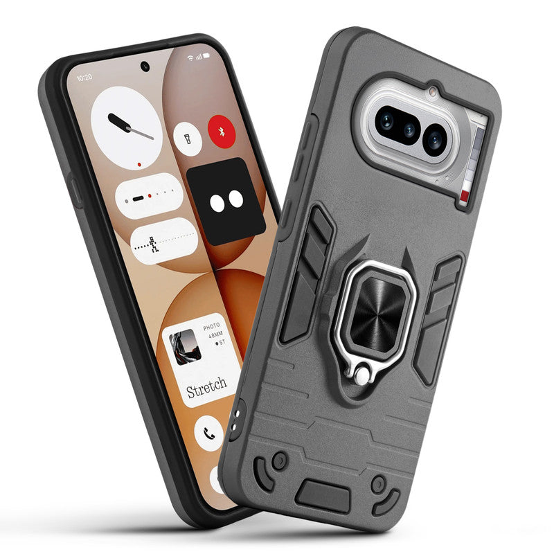 Front and back view of Nothing Phone 4A 5G fitted with a protective case and ring grip