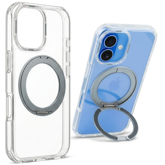 Shockproof Hybrid Silicone Back Magnetic Clear Case for Apple iPhone 17 with 360° Rotatable Ring Stand