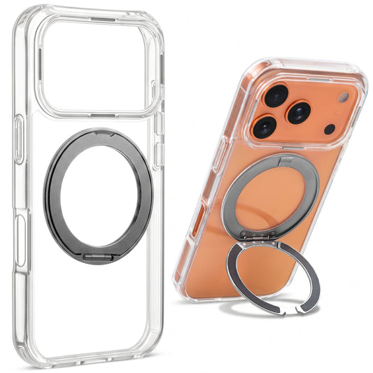 Shockproof Hybrid Silicone Back Magnetic Clear Case for Apple iPhone 17 Pro with 360° Rotatable Ring Stand