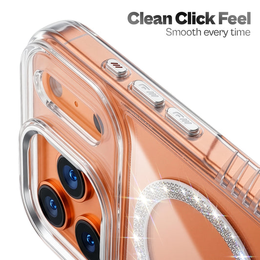 Luxury Crystal Diamond MagSafe Transparent Case for Apple iPhone 17 Pro Max with Rugged Grip & Metal Finish Camera Ring & Button