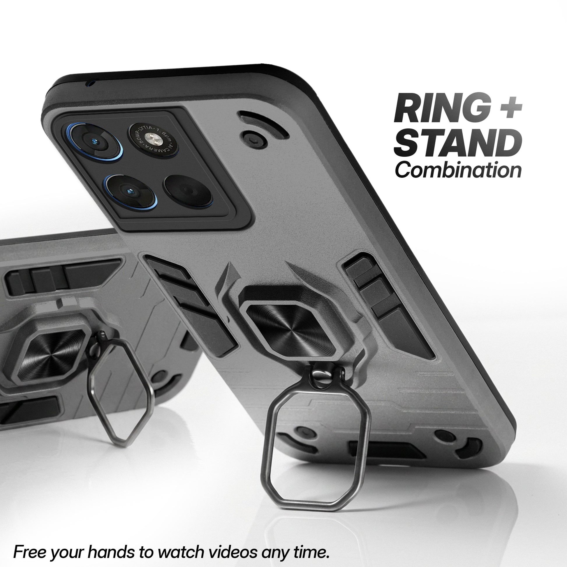 Motorola G57 Power 5G case with foldable ring stand for hands-free viewing in kickstand position