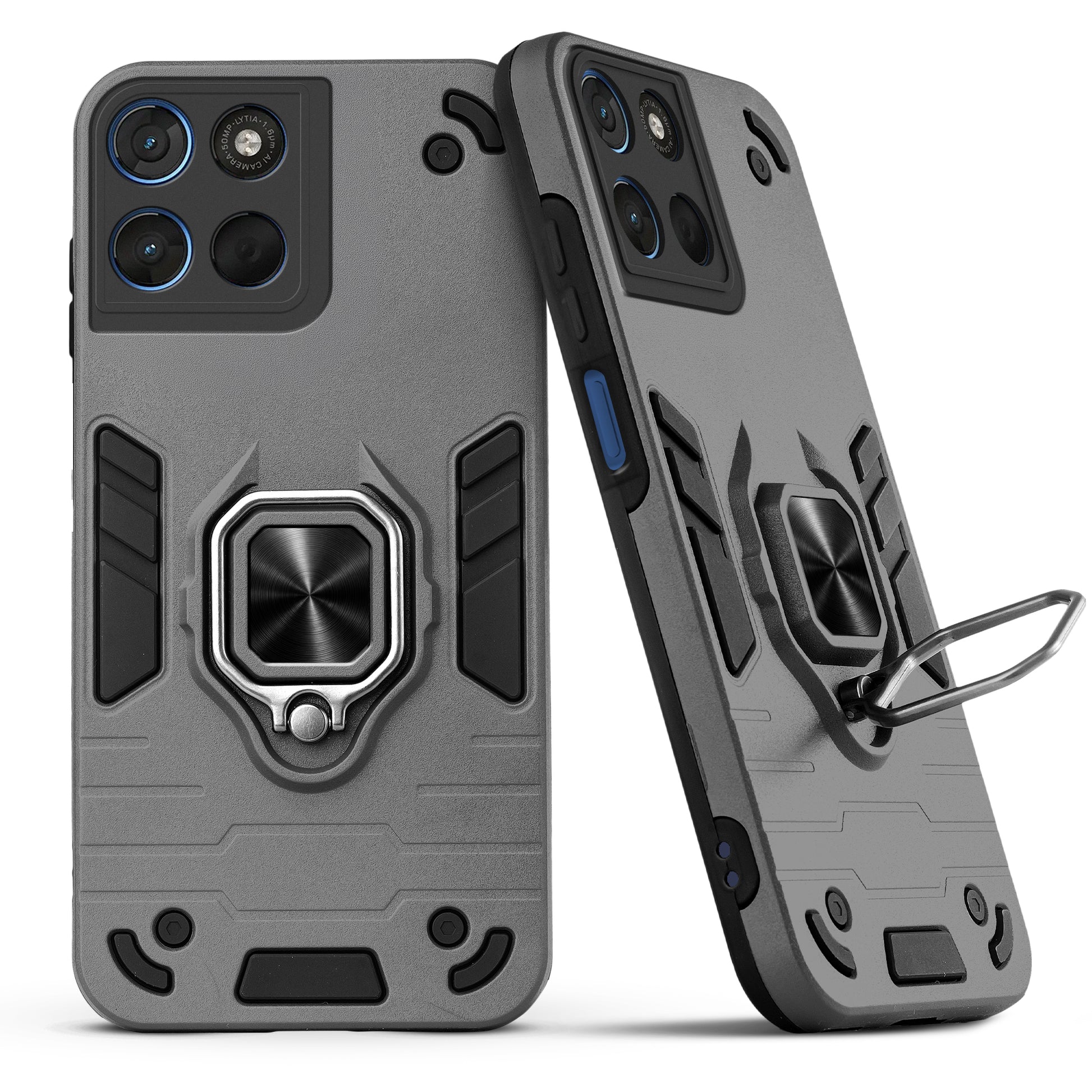 Back view of Motorola G57 Power 5G case highlighting the built-in rotating metal ring holder