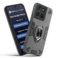 Front and back view of Motorola G57 Power 5G fitted with a protective case and ring grip
