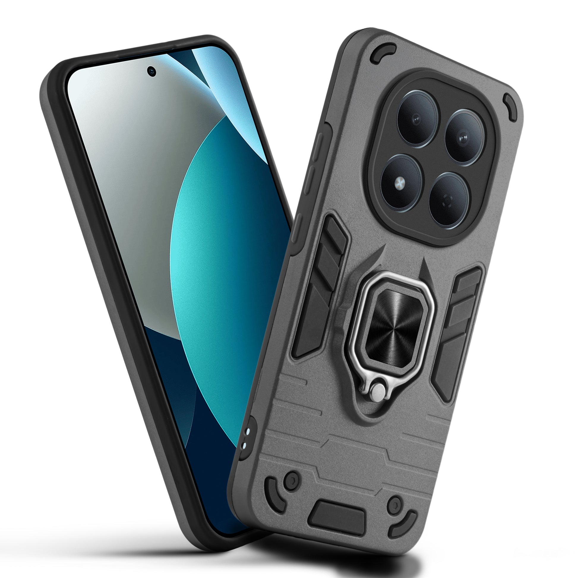 Front and back view of Redmi Note 15 Pro 5G fitted with a protective case and ring grip