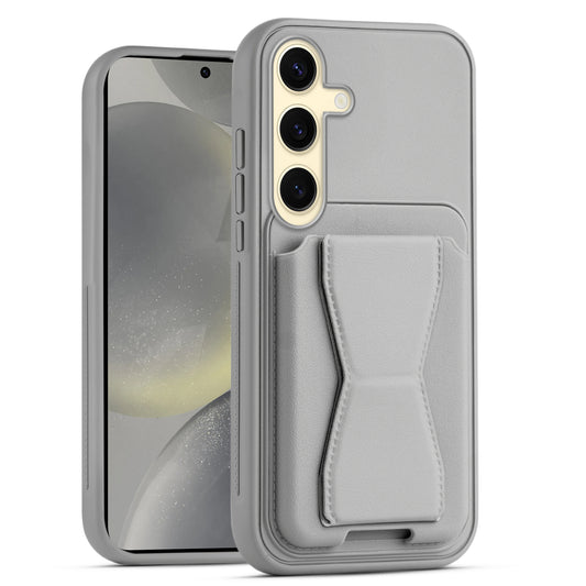 All in One Premium Leather Back Cover for Samsung S24 5G with Card Slot & Foldable Grip Holder
