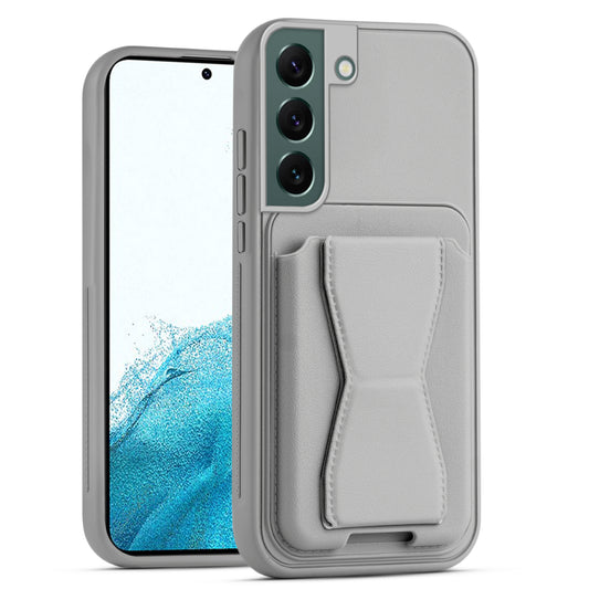 All in One Premium Leather Back Cover for Samsung S22 5G with Card Slot & Foldable Grip Holder