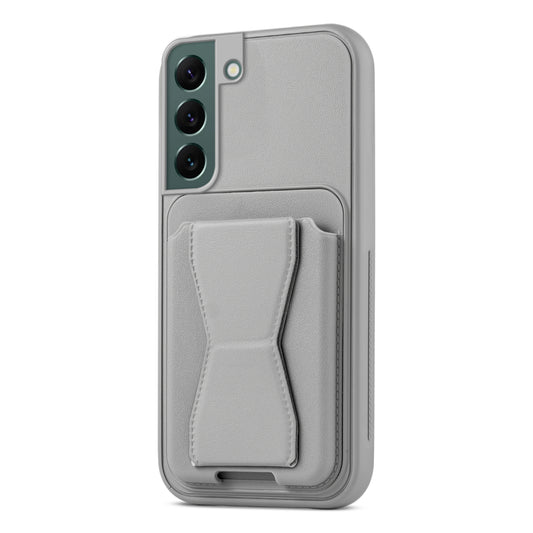 All in One Premium Leather Back Cover for Samsung S22 5G with Card Slot & Foldable Grip Holder