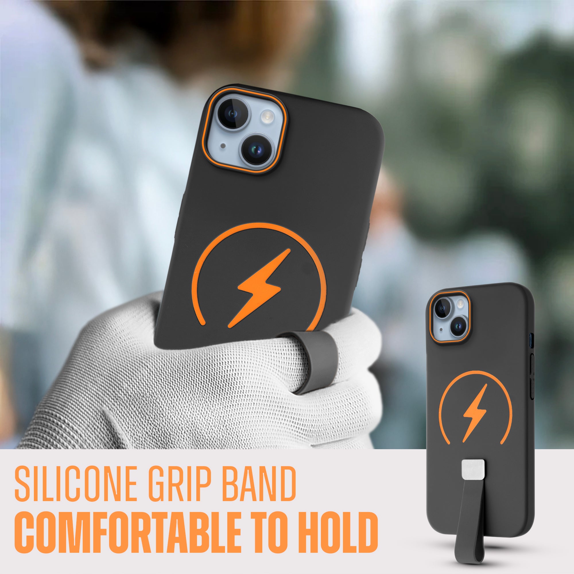 Compact and Stylish Silicon Finish Hard Cover For Apple iPhone 15 with Integrated Grip Strap & MagSafe Charging Support