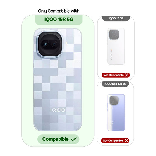 Clear hard back case compatibility guide showing fit for iQOO 15R 5G and not compatible with other models