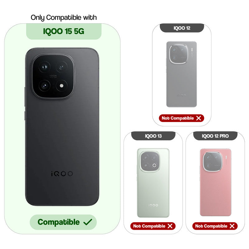 Clear hard back case compatibility guide showing fit for iQOO 15 5G and not compatible with other models