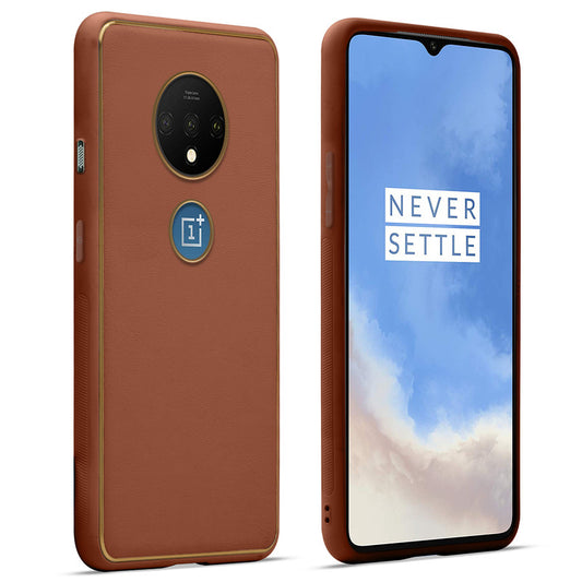 Premium Leather Texture Case with Gold Electroplated Border for OnePlus 7T