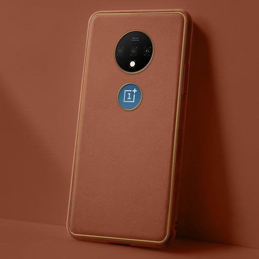 Electroplated Frame Leather Back Cover for OnePlus 7T