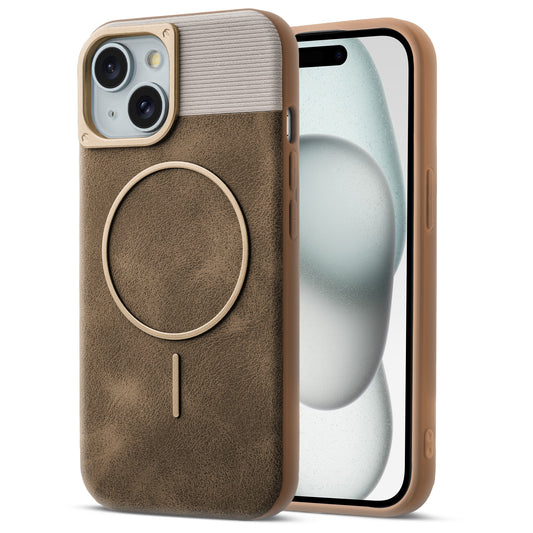 Luxury PU Leather Hard Back Case for Apple iPhone 15, With Micro-Fiber Cloth inside, MagSafe Compatible