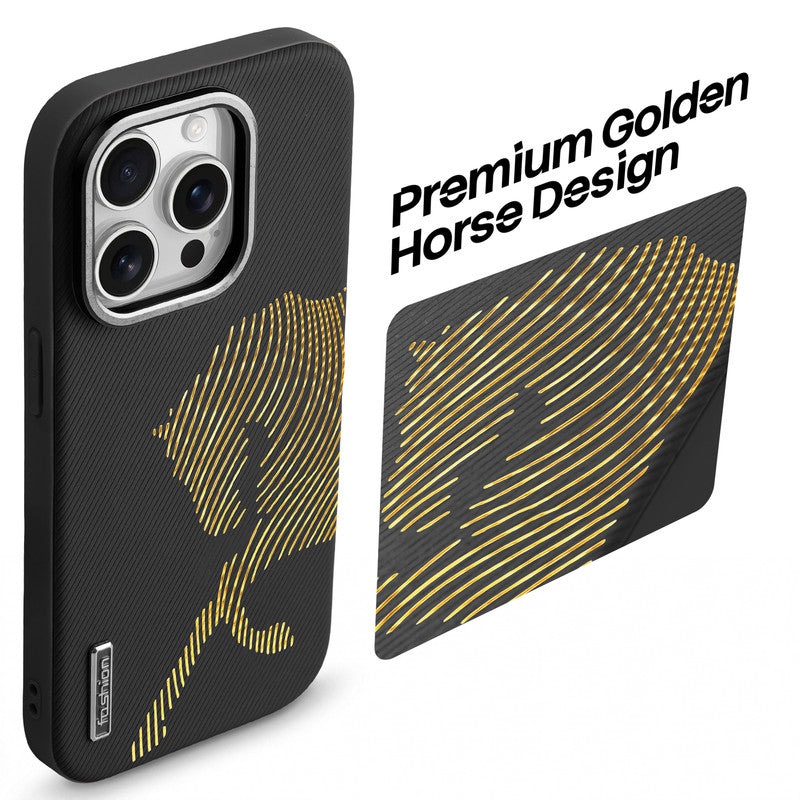 Premium Horse Textured MagSafe Case for Apple iPhone 15 Pro Max with Metallic Camera Protection & Microfiber Lining