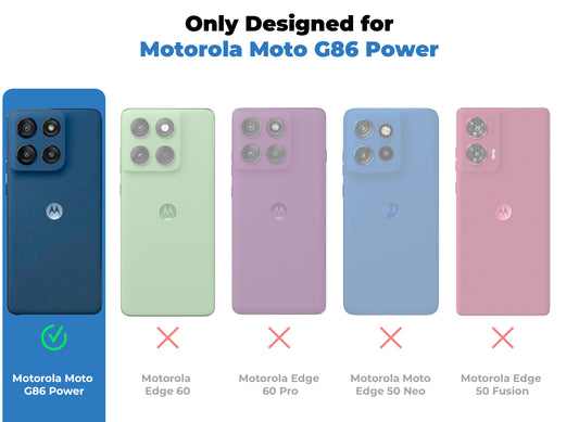Clear hard back case compatibility guide showing fit for Motorola G86 Power 5G and not compatible with other models