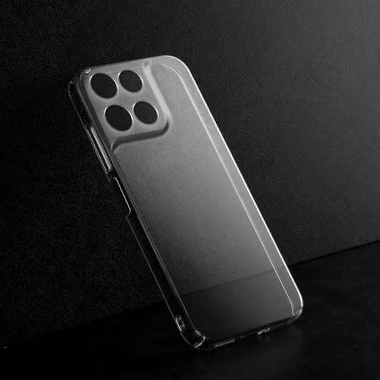 Crystal clear anti-yellow hard back case for Motorola G57 Power 5G placed on surface showing slim profile and precise camera cutouts