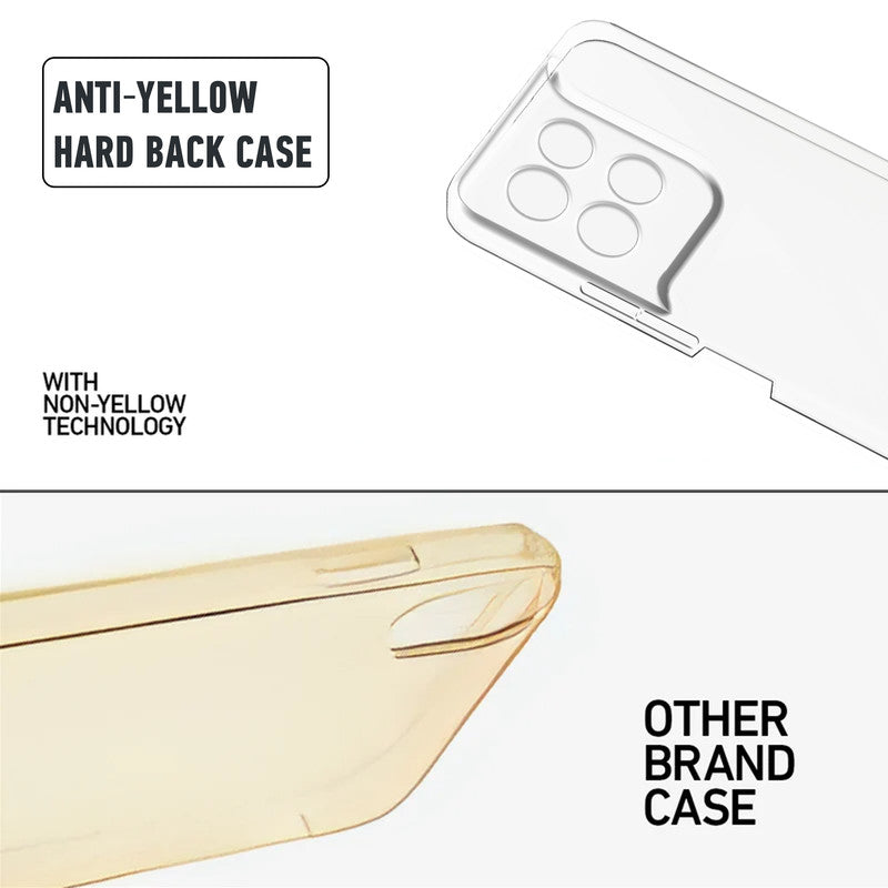 Anti-yellow hard back case comparison showing clear non-yellowing technology versus yellowed other brand case for Motorola G57 Power 5G