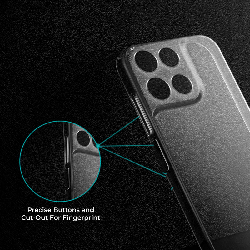 Close-up view of transparent case showing precise button cutouts and responsive side button coverage for Motorola G67 Power 5G