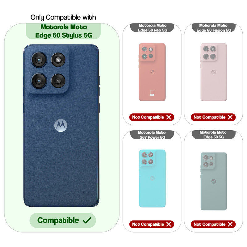 Clear hard back case compatibility guide showing fit for Motorola Moto Edge 60 Stylus 5G and not compatible with other models
