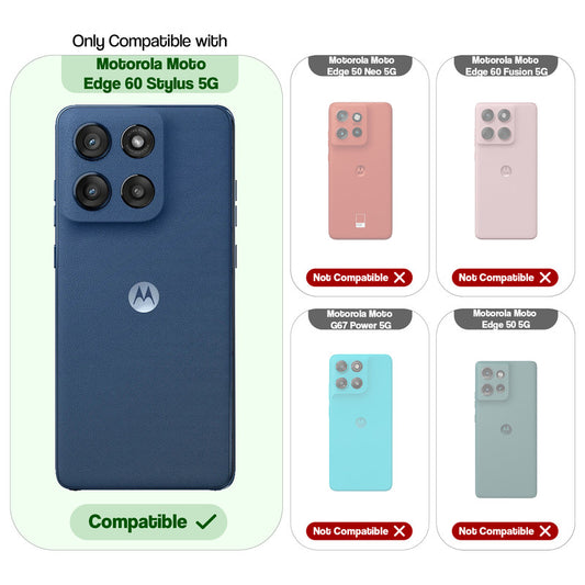 Clear hard back case compatibility guide showing fit for Motorola Moto Edge 60 Stylus 5G and not compatible with other models