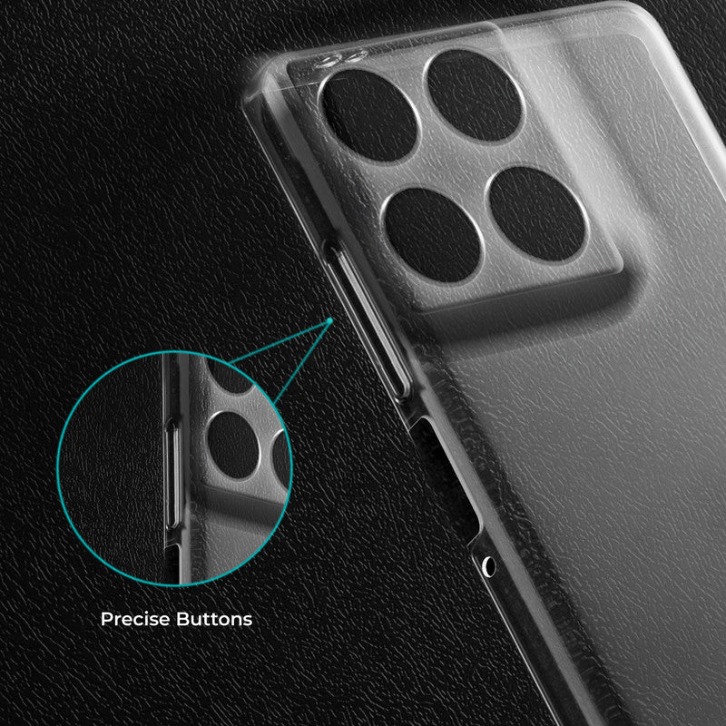 Close-up view of transparent case showing precise button cutouts and responsive side button coverage for Motorola Moto Edge 70 5G