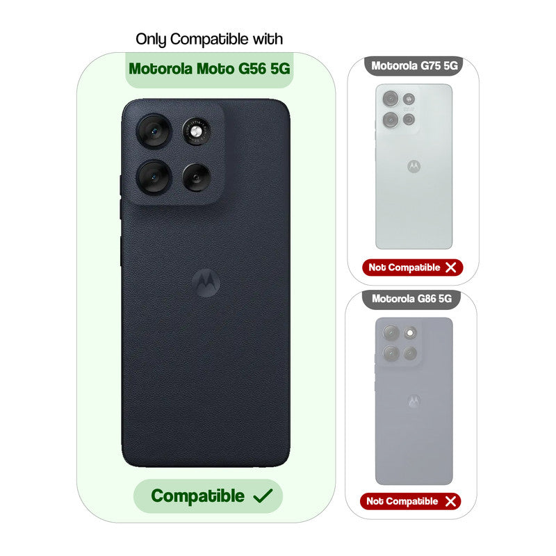 Clear hard back case compatibility guide showing fit for Motorola Moto G56 5G and not compatible with other models