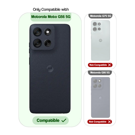 Clear hard back case compatibility guide showing fit for Motorola Moto G56 5G and not compatible with other models