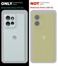 Clear hard back case compatibility guide showing fit for Motorola Moto G75 5G and not compatible with other models